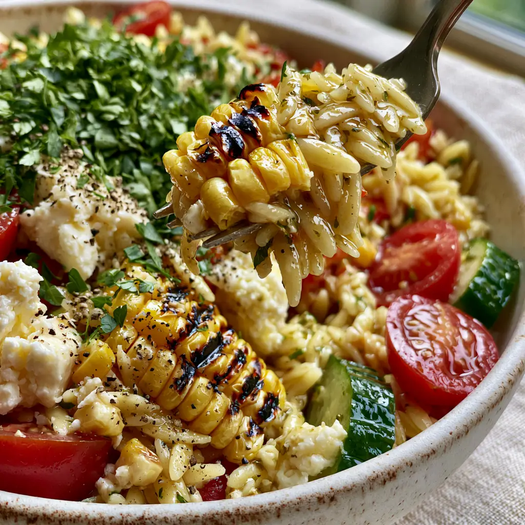 Grilled Corn Orzo Salad with Zesty Lemon Herb Vinaigrette 1 A wide shot of Grilled Corn Orzo Salad in a matte white bowl on a linen tablecloth.