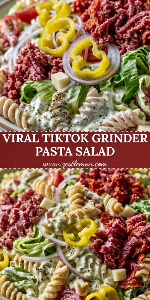 Grinder Pasta Salad: The Ultimate Creamy Italian Sub Inspired Side 4 A large bowl of Grinder Pasta Salad with rotini, creamy dressing, julienned salami, and pepperoncini rings. (grinder pasta salad)