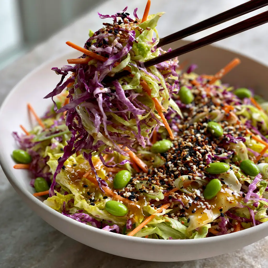 Asian Coleslaw Recipe with Ginger Sesame Vinaigrette 2 Close-up action shot of Asian coleslaw recipe showing the glossy amber dressing and black sesame seeds on purple cabbage.