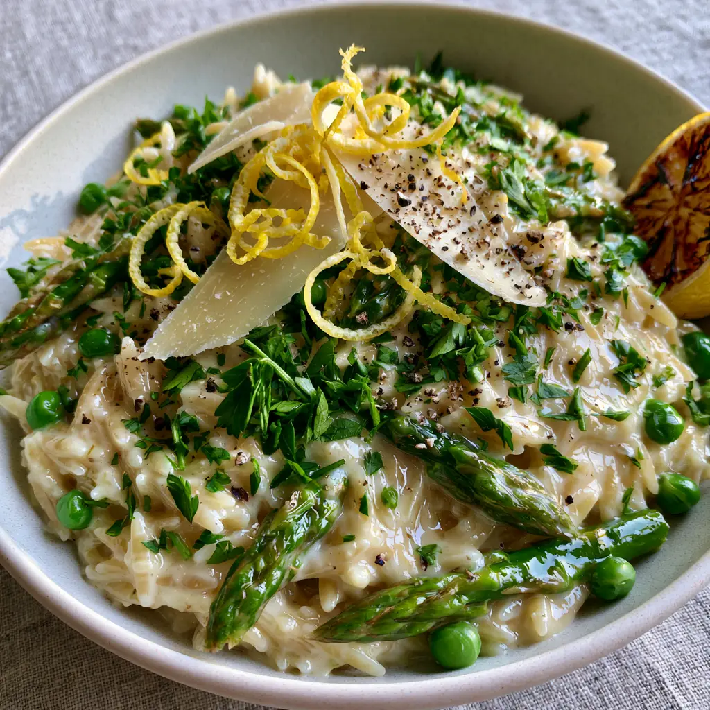 Asparagus Peas Orzo: A Creamy Lemon Parmesan One-Pot Masterpiece 1 A handheld tilted shot of Asparagus Peas Orzo topped with large paper-thin shavings of parmesan and fresh parsley.