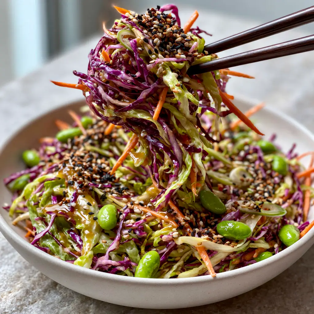 Asian Coleslaw Recipe with Ginger Sesame Vinaigrette 1 Eye-level view of a white ceramic bowl filled with an Asian coleslaw recipe featuring plump edamame and bright julienned carrots.