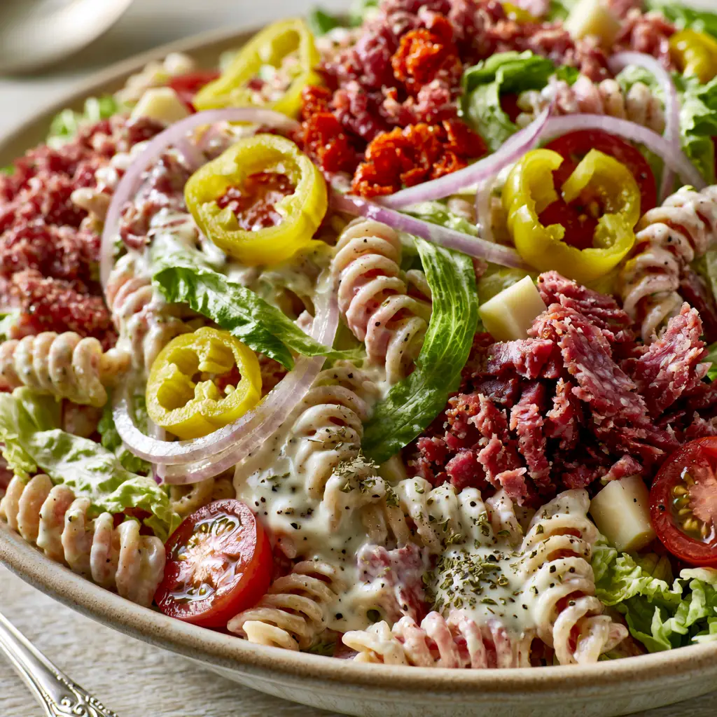 Grinder Pasta Salad: The Ultimate Creamy Italian Sub Inspired Side 2 Close-up of creamy rotini spirals coated in herb dressing with julienned meats. (grinder pasta salad)