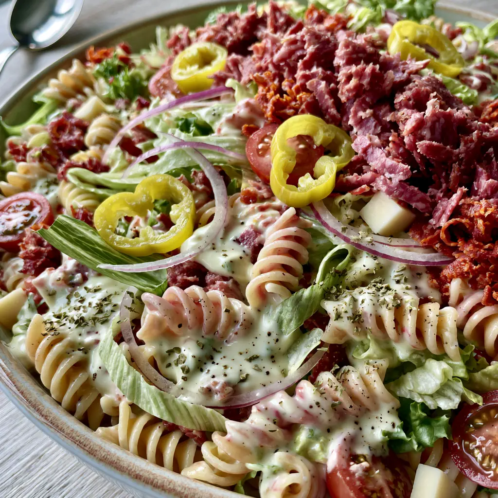 Grinder Pasta Salad: The Ultimate Creamy Italian Sub Inspired Side 1 A high-angle shot of grinder pasta salad showing shredded iceberg lettuce and cherry tomatoes. (grinder pasta salad)