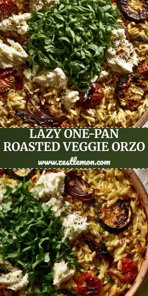 Overhead view of Roasted Vegetable Orzo in a ceramic dish with charred zucchini, blistered tomatoes, and large chunks of feta.