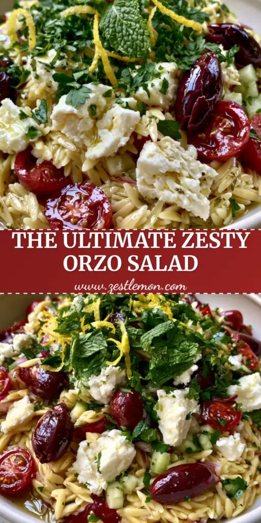 Summer Orzo Pasta Salad with Lemon Herb Vinaigrette and Creamy Feta 4 A top-down view of a Summer Orzo Pasta Salad in a white bowl with large feta chunks and lemon zest ribbons.