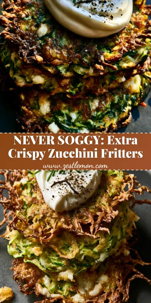 Zucchini Fritters Recipe with Crispy Parmesan Lacy Edges and Greek Yogurt 4 A stack of three crispy zucchini fritters on a charcoal plate topped with Greek yogurt and micro-chives. (Zucchini fritters recipe)