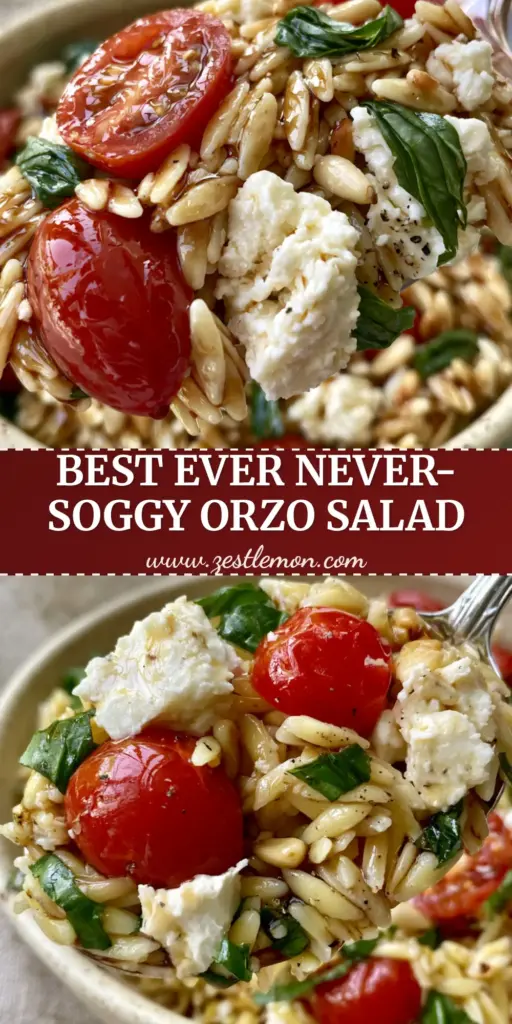 Balsamic Orzo Salad with Honey Vinaigrette and Creamy Feta 4 A top-down view of a vibrant balsamic orzo salad with bright cherry tomatoes and feta chunks. (balsamic orzo salad)