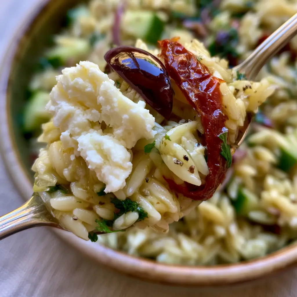 Orzo Salad with Zesty Lemon-Herb Vinaigrette and Chunky Feta 2 Extreme close-up of a silver spoon lifting a portion of Orzo salad with a chunky feta crumble and sun-dried tomato.