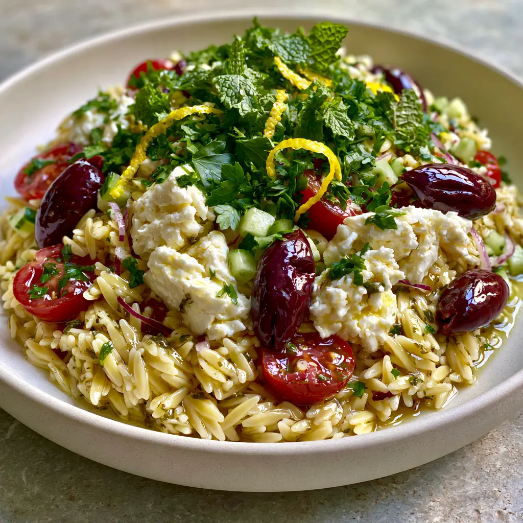 Summer Orzo Pasta Salad with Lemon Herb Vinaigrette and Creamy Feta 2 Close-up smartphone photo of glistening Summer Orzo Pasta Salad with mint and feta chunks.