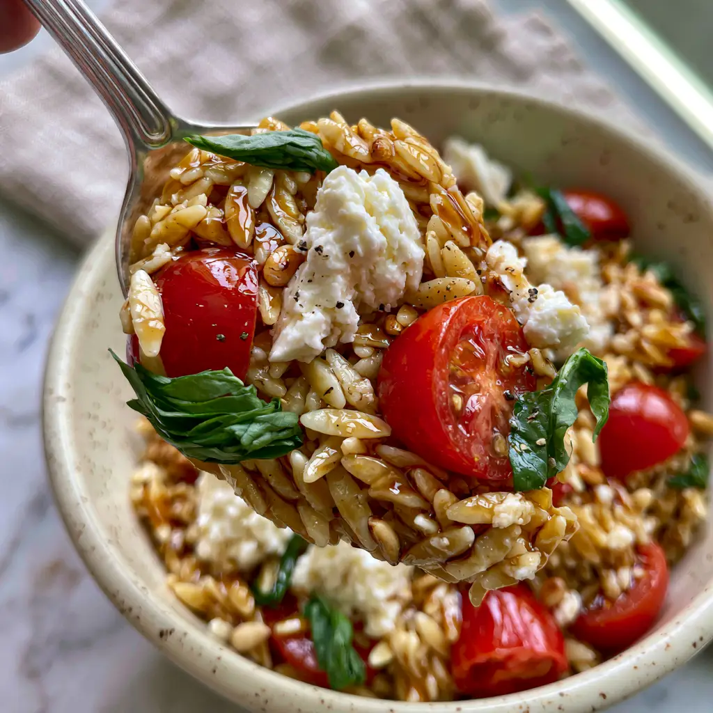 Balsamic Orzo Salad with Honey Vinaigrette and Creamy Feta 2 Close-up handheld photo of a spoonful of glistening balsamic orzo salad with feta and basil. (balsamic orzo salad)