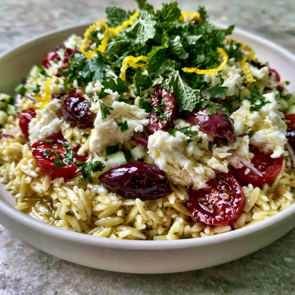 Summer Orzo Pasta Salad with Lemon Herb Vinaigrette and Creamy Feta 1 Wide shot of a Mediterranean Summer Orzo Pasta Salad in a matte-white bowl on a grey countertop.