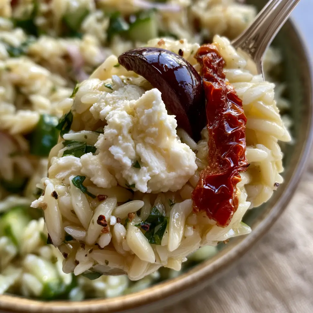 Orzo Salad with Zesty Lemon-Herb Vinaigrette and Chunky Feta 1 A rustic bowl overflowing with Mediterranean Orzo salad featuring cucumber cubes and thin red onion slivers.