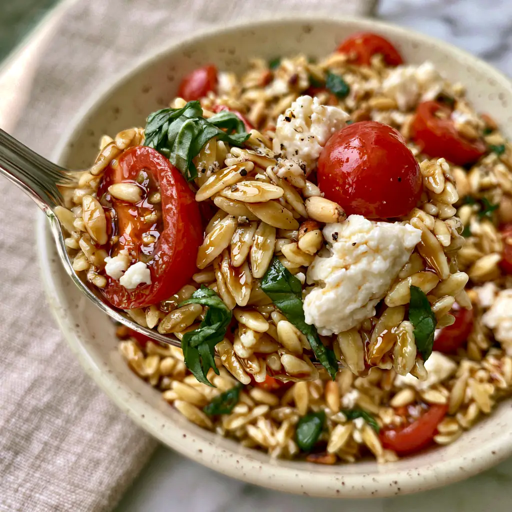 Balsamic Orzo Salad with Honey Vinaigrette and Creamy Feta 1 Speckled ceramic bowl filled with fresh balsamic orzo salad, tomatoes, and pine nuts. (balsamic orzo salad)