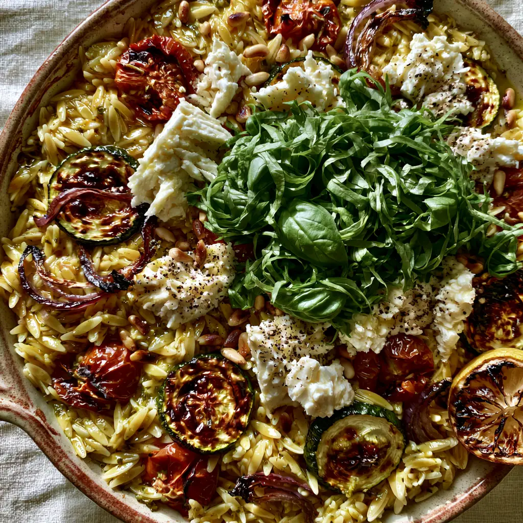 A rustic ceramic dish filled with golden orzo, emerald basil ribbons, and charred lemon halves.