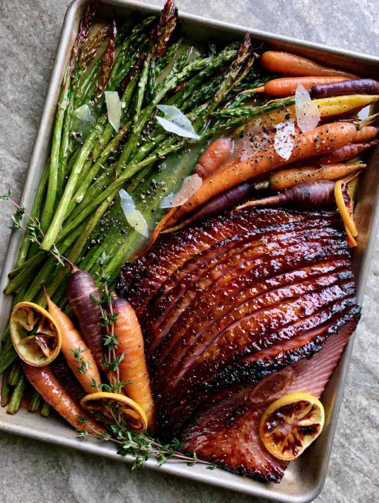 Sheet Pan Easter Dinner with Honey-Clove Glazed Ham and Roasted Heirloom Vegetables 1 Roasted purple and orange heirloom carrots with blistered skin and charred lemon slices.
