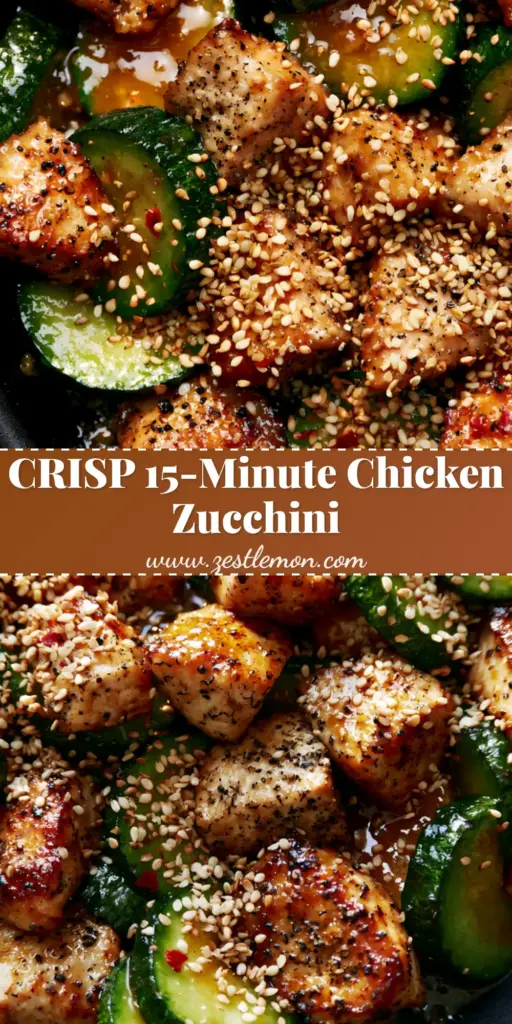 Chicken Zucchini Stir Fry with Garlic and Toasted Sesame 5 A top-down view of Chicken Zucchini Stir Fry in a black cast iron skillet featuring seared chicken, emerald zucchini, and sesame seeds.