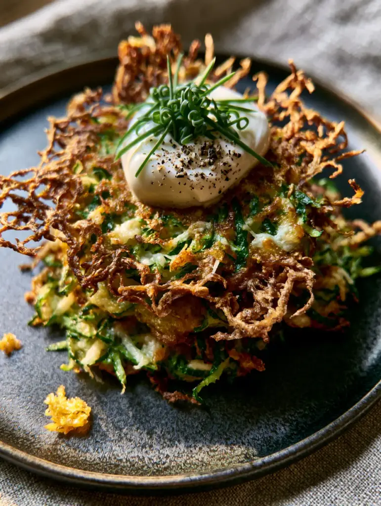 Zucchini Fritters Recipe with Crispy Parmesan Lacy Edges and Greek Yogurt 2 Close up shot of golden brown zucchini fritters with visible green shreds and melted parmesan. (Zucchini fritters recipe)