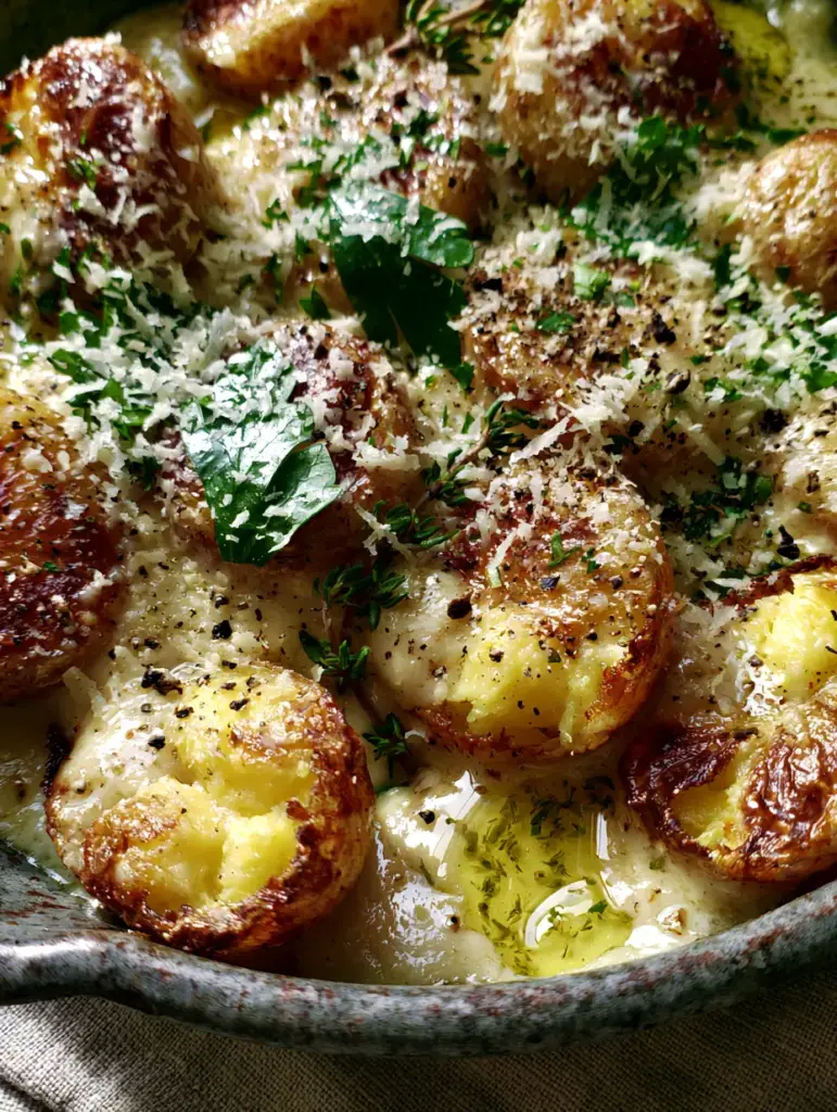 Creamy Garlic Baby Potatoes with Parmesan and Herb Butter 2 Macro top-down view of halved baby potatoes with golden-brown crispy edges drenched in glossy garlic cream sauce. (creamy garlic baby potatoes)