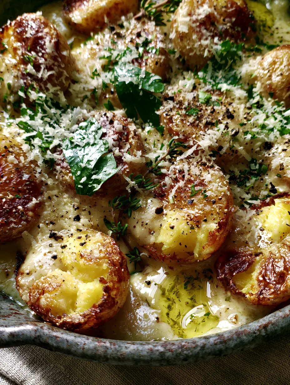 Creamy Garlic Baby Potatoes with Parmesan and Herb Butter 3 Macro top-down view of halved baby potatoes with golden-brown crispy edges drenched in glossy garlic cream sauce. (creamy garlic baby potatoes)