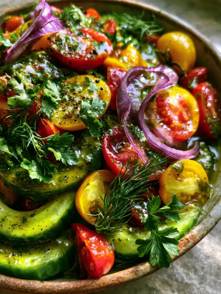 Cucumber and Tomato Salad: The Ultimate Vibrant Marinated Summer Side 2 Macro close-up of a Cucumber and Tomato Salad in a rustic bowl, showing glistening heirloom tomatoes and thick English cucumber slices.