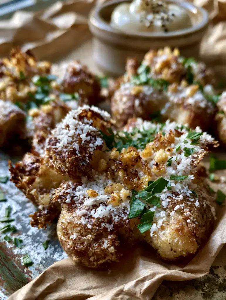Smashed Baby Potatoes with Garlic, Parmesan, and Black Pepper Aioli 1 High-angle shot of smashed baby potatoes on a weathered zinc sheet with toasted garlic and fresh parsley garnish.
