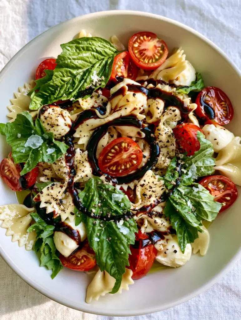 Caprese Pasta Salad Recipe: The Ultimate Gourmet Summer Bowl 2 Top-down view of a Caprese pasta salad recipe with glowing cherry tomatoes and fresh basil garnishes.