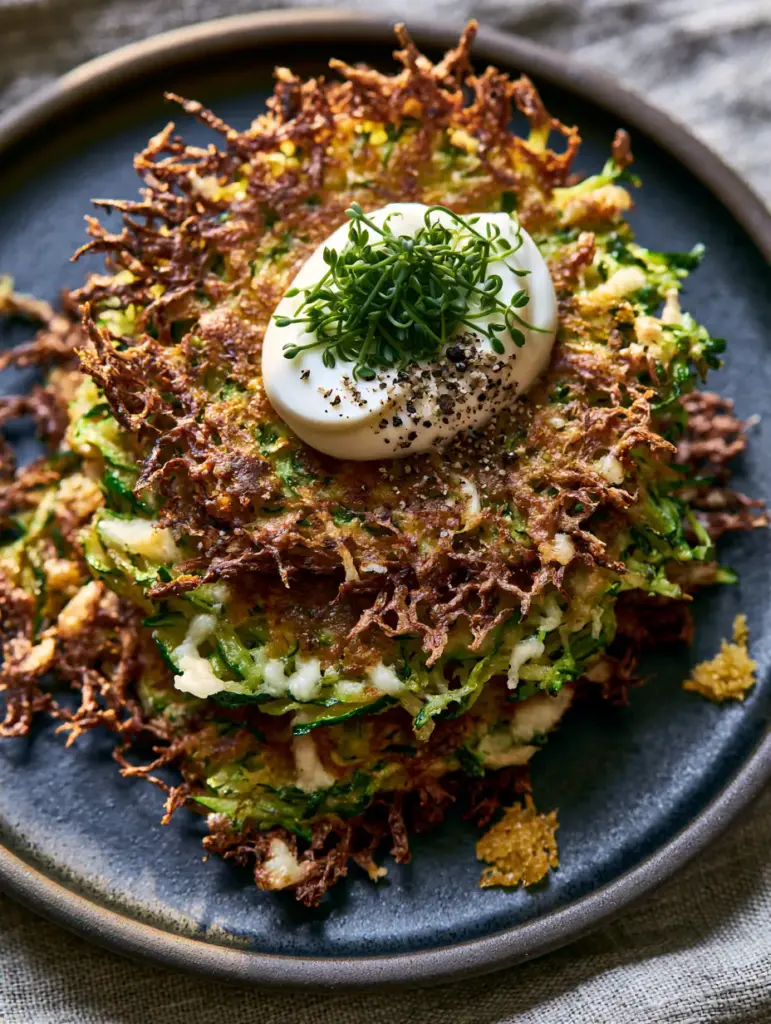 Zucchini Fritters Recipe with Crispy Parmesan Lacy Edges and Greek Yogurt 1 Top down view of zucchini fritters on a charcoal plate with morning light creating deep shadows.