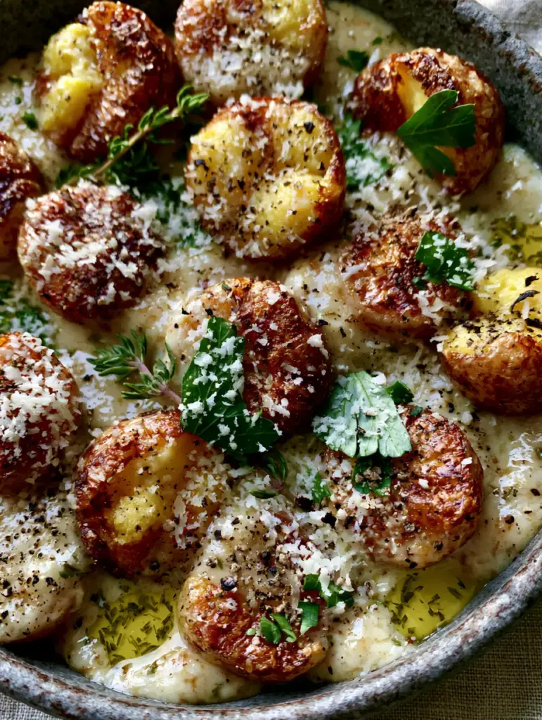 Creamy Garlic Baby Potatoes with Parmesan and Herb Butter 1 Rustic dark grey ceramic pan filled with creamy garlic baby potatoes topped with snowy parmesan and fresh parsley.