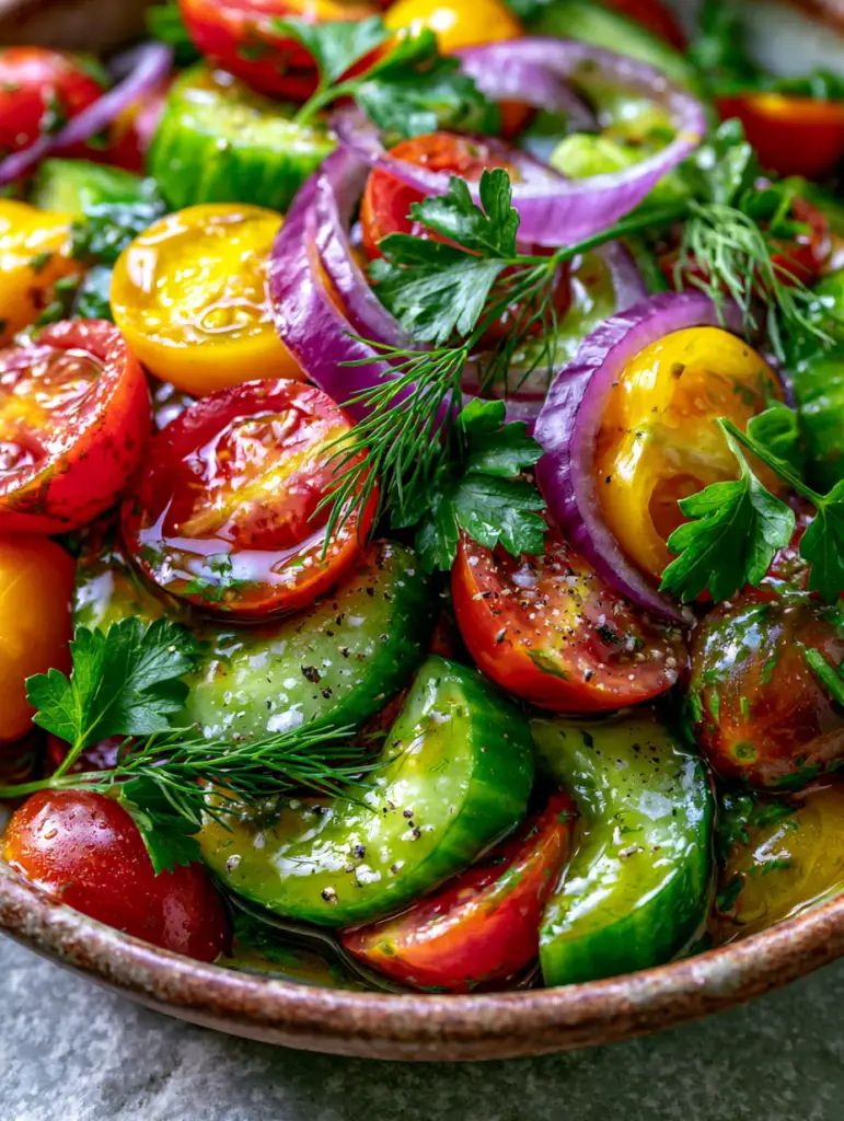 Cucumber and Tomato Salad: The Ultimate Vibrant Marinated Summer Side 1 Eye-level shot of paper-thin red onion curls and fresh dill sprigs scattered over a glossy cucumber tomato salad.
