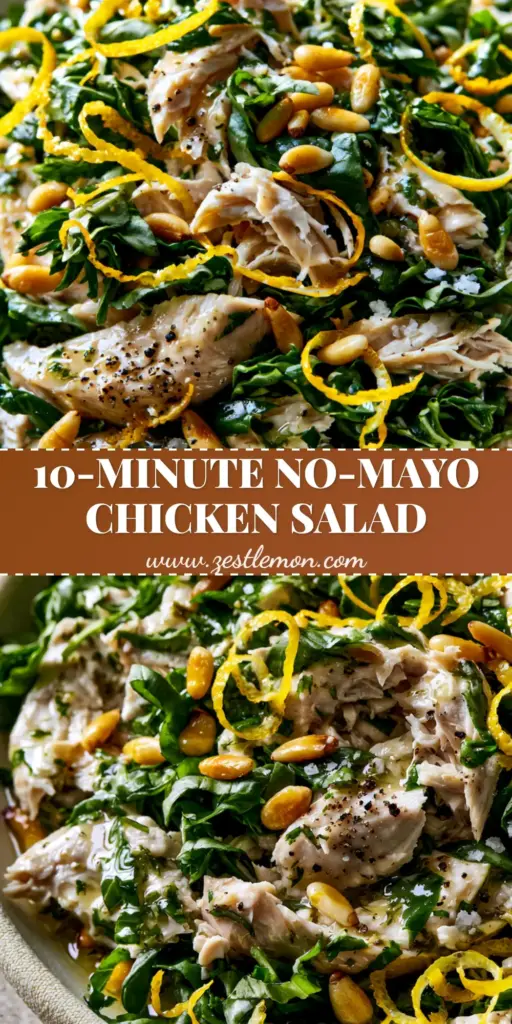 Lemon Basil Chicken Salad: A Vibrant No-Mayo Summer Favorite 4 A close-up vertical shot of Lemon Basil Chicken Salad featuring hand-torn chicken and golden pine nuts in a matte bowl.