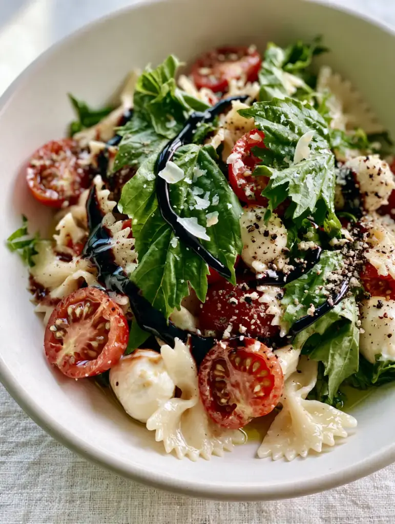 Caprese Pasta Salad Recipe: The Ultimate Gourmet Summer Bowl 1 Close-up of the ebony balsamic glaze spiral on an al dente farfalle pasta salad.