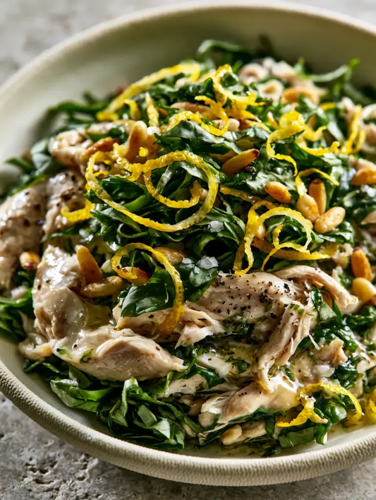 Lemon Basil Chicken Salad: A Vibrant No-Mayo Summer Favorite 2 Top-down view of glistening Lemon Basil Chicken Salad with fresh basil chiffonade and lemon zest curls.