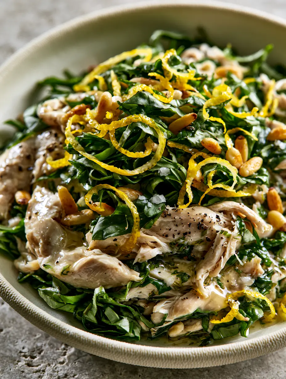Lemon Basil Chicken Salad: A Vibrant No-Mayo Summer Favorite 3 Top-down view of glistening Lemon Basil Chicken Salad with fresh basil chiffonade and lemon zest curls.
