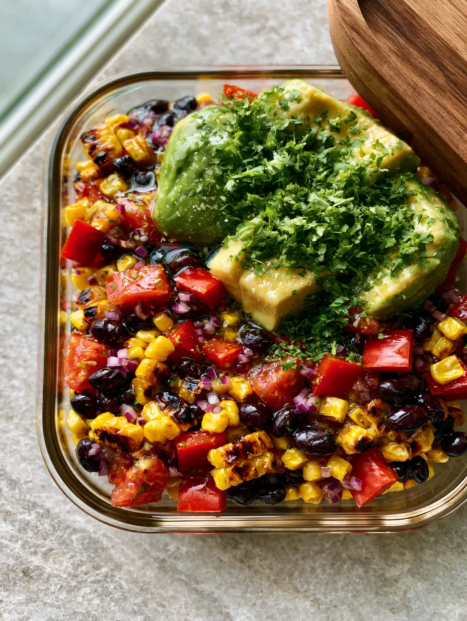 Black Bean and Corn Salad with Fire-Roasted Corn and Zesty Lime Dressing 3 High-angle view of a colorful black bean and corn salad featuring charred corn and glossy beans. (black bean and corn salad)