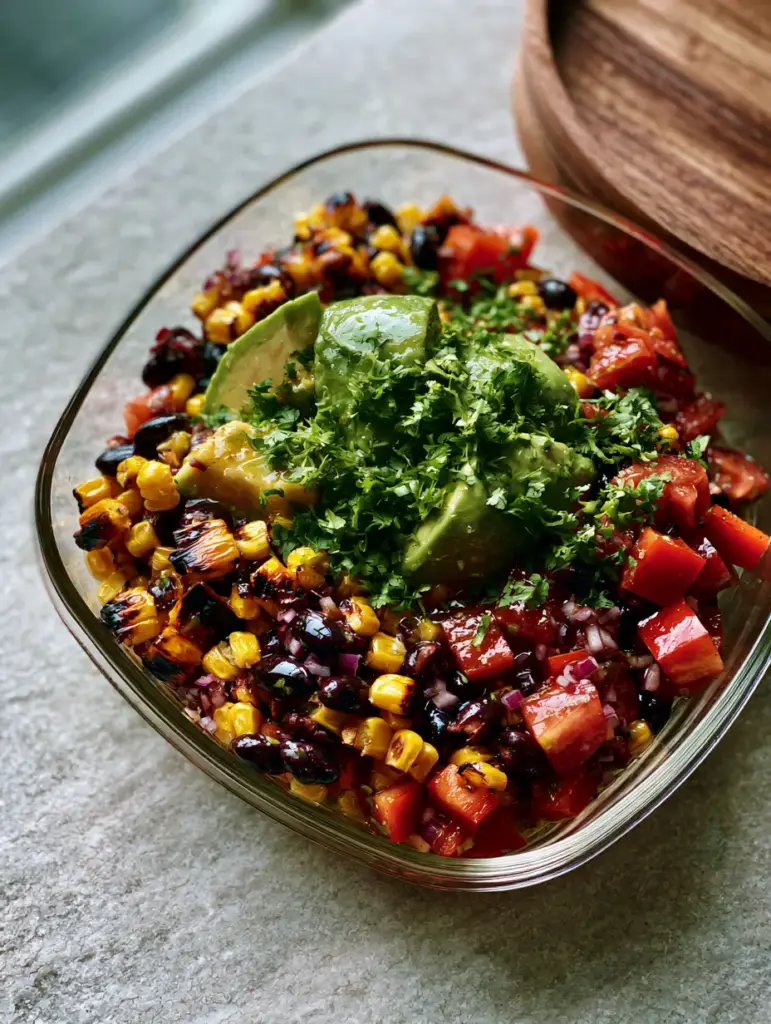 Black Bean and Corn Salad with Fire-Roasted Corn and Zesty Lime Dressing 1 Close-up of velvety avocado and fire-roasted corn in a black bean and corn salad.