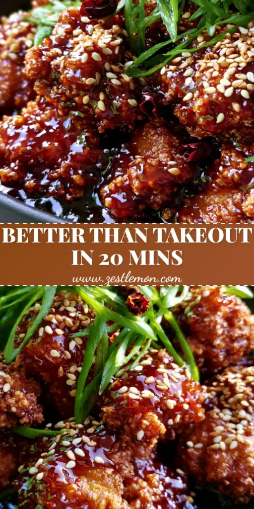 Close-up of crispy General Tso's Chicken in a black bowl with sesame seeds and scallions.