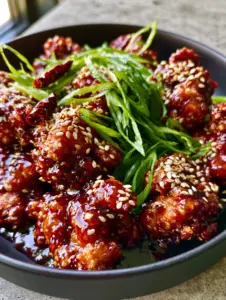 Extreme close-up of Air Fryer General Tso's chicken with a rugged cornstarch crust and mahogany glaze.