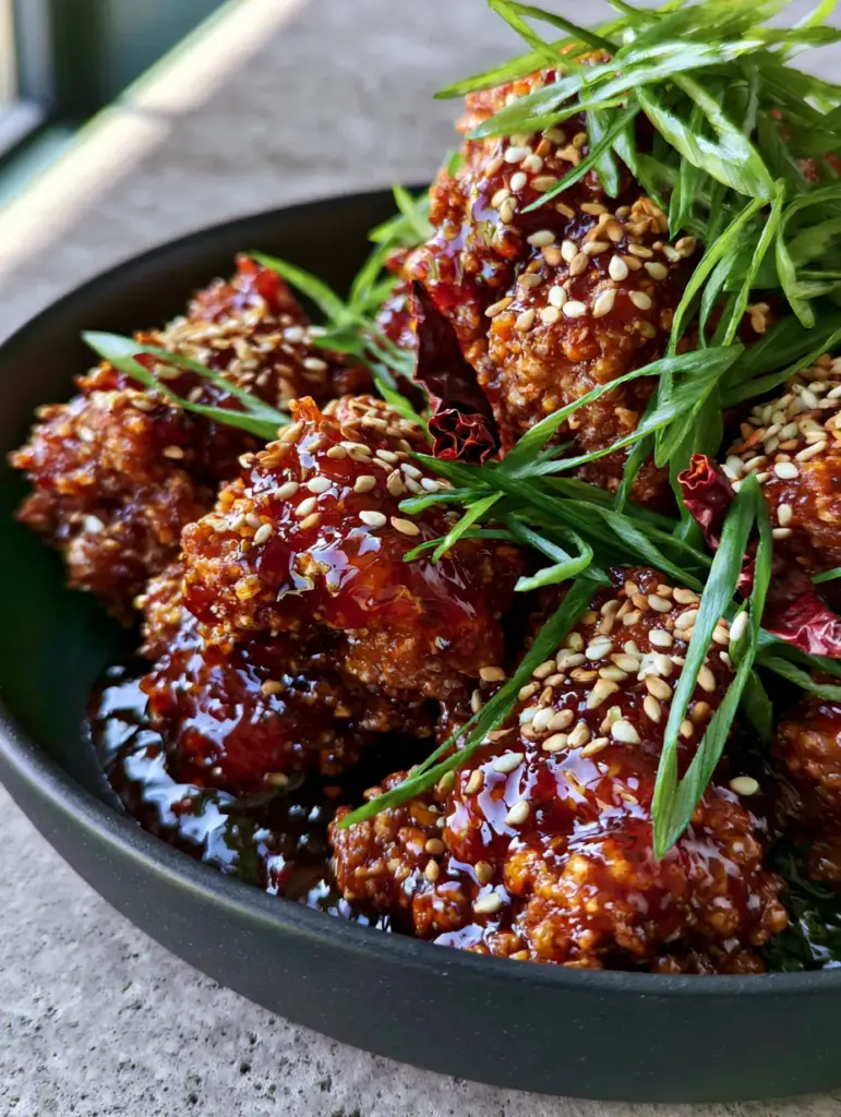 Glazed General Tso's chicken pieces garnished with scallions and whole red chilies.
