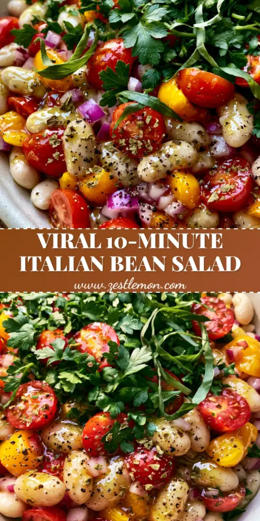 Italian Bean Salad with Zesty Lemon-Herb Vinaigrette 4 A high-detail overhead shot of a vibrant Italian Bean Salad in a white ceramic bowl, featuring cannellini beans, tomatoes, and yellow peppers.