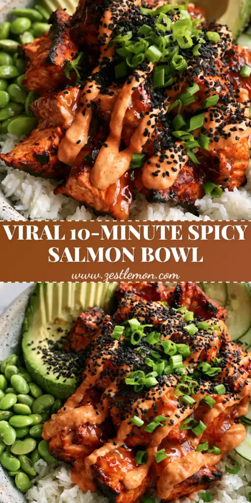 Salmon Rice Bowls with Charred Honey Sriracha Glaze 4 A vibrant salmon rice bowl featuring air-fried honey sriracha salmon, fanned avocado, and edamame in a ceramic bowl. (salmon rice bowls)