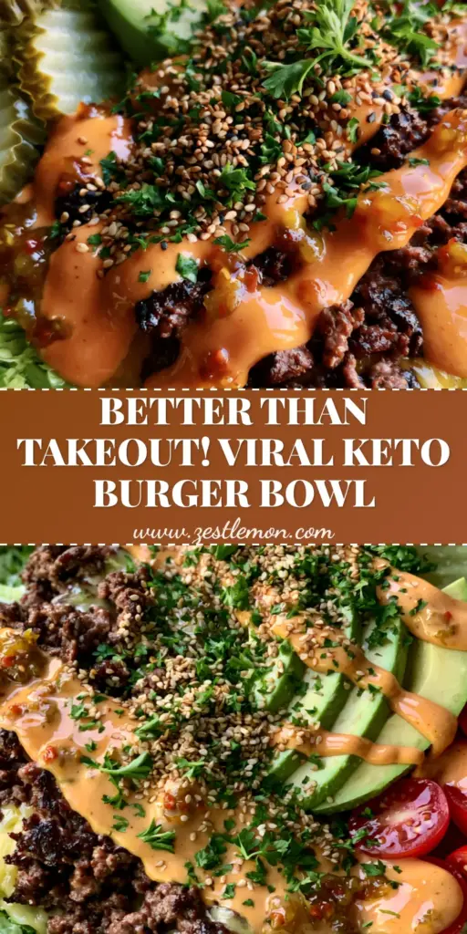 Burger Bowl Recipe: The Ultimate Loaded Keto Cheeseburger Salad 4 A loaded Burger Bowl Recipe featuring seared beef with melted cheese, avocado, and special sauce in a charcoal bowl. (Burger Bowl Recipe)