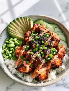 Overhead 45-degree angle of spicy salmon rice bowls with jasmine rice and sriracha mayo drizzle. (salmon rice bowls)