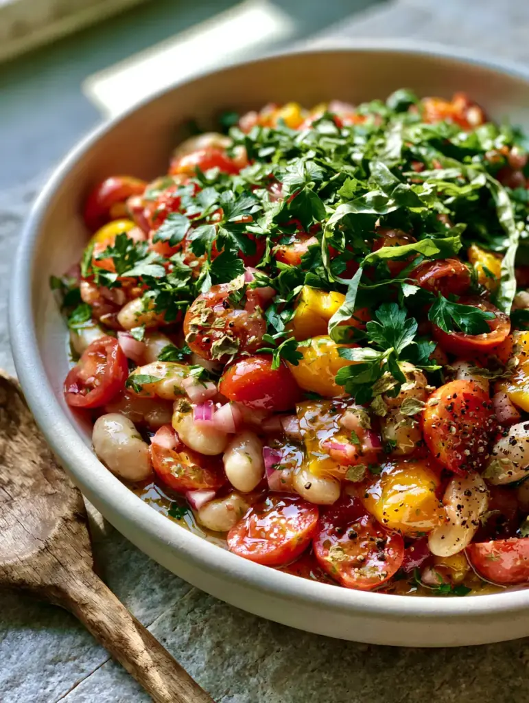 Italian Bean Salad with Zesty Lemon-Herb Vinaigrette 2 Top-down photo of Italian Bean Salad showcasing the glossy dressing, fresh basil chiffonade, and bright yellow bell peppers.