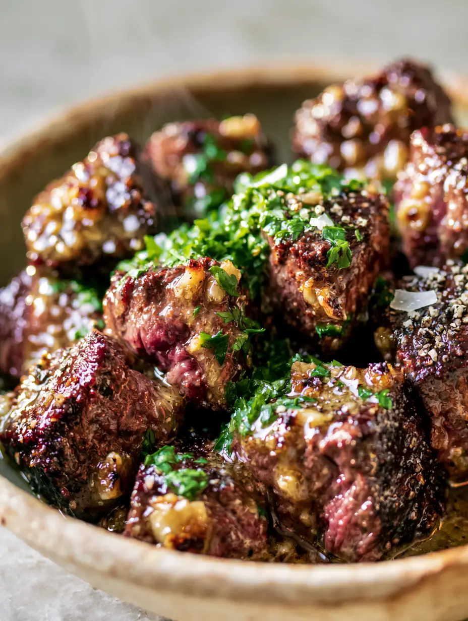 Steak Dinner Ideas: The Ultimate Glistening Garlic Butter Steak Bites 4 Extreme close-up of seared steak cubes with a dark caramelized crust and glossy butter sauce. (steak dinner ideas)