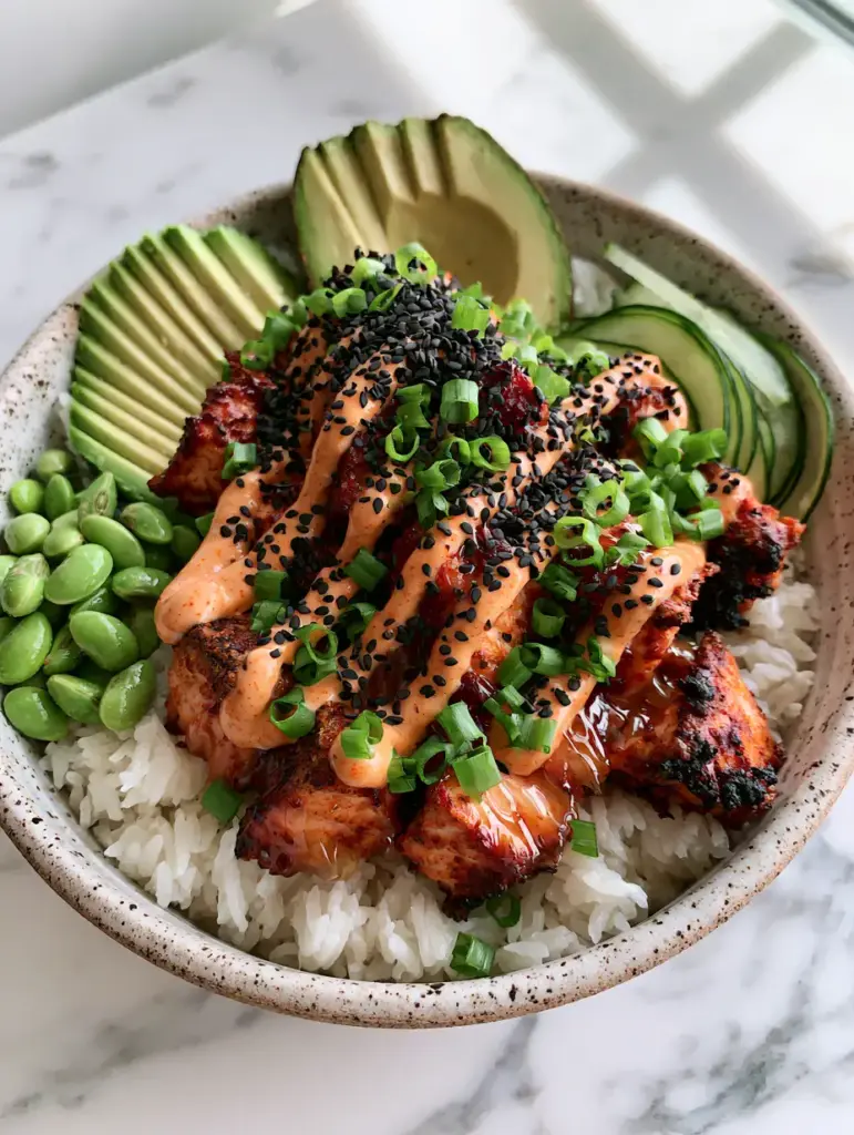 Salmon Rice Bowls with Charred Honey Sriracha Glaze 1 Close up of charred honey sriracha salmon chunks with black sesame seeds in a bowl.