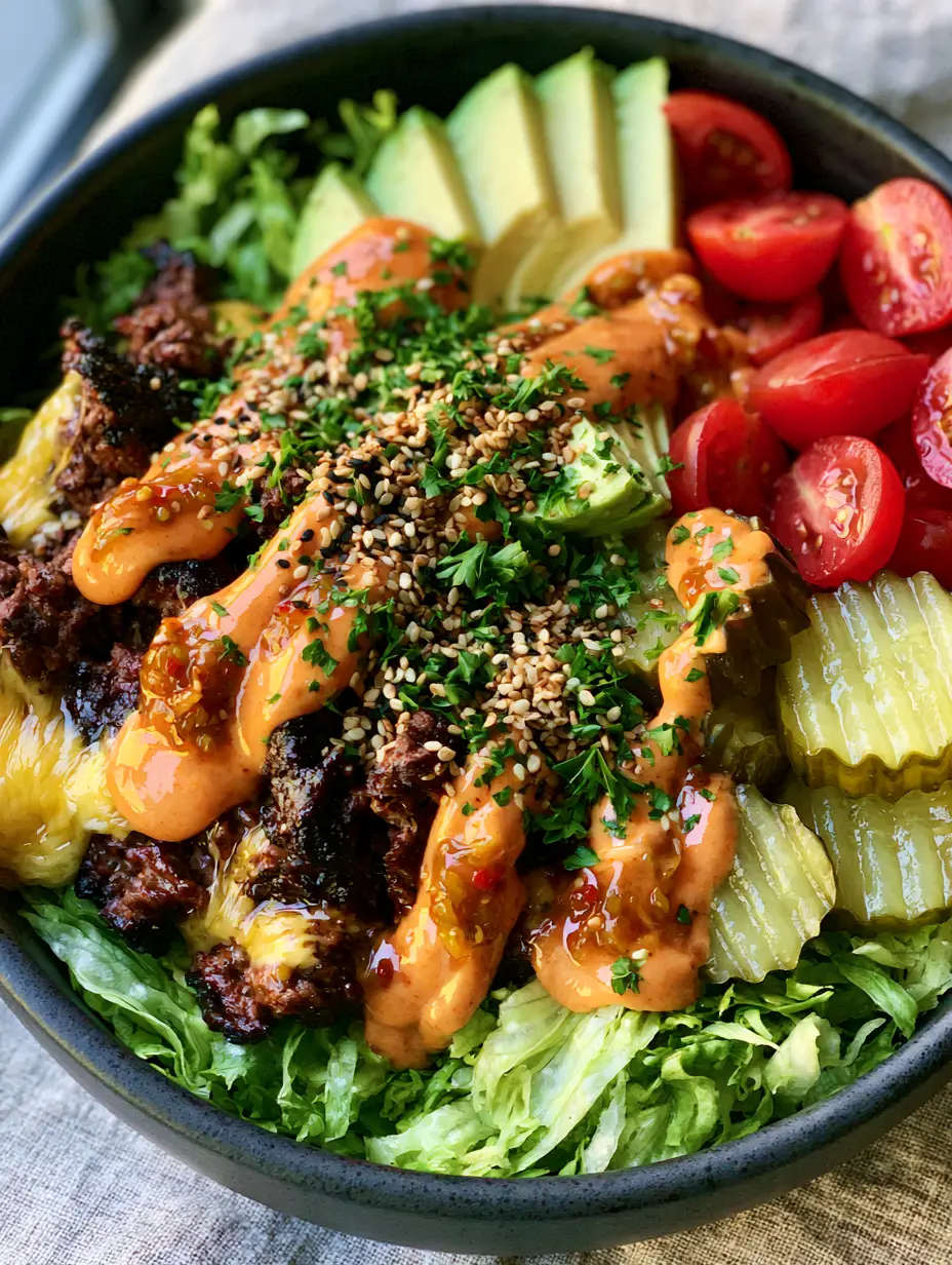 Burger Bowl Recipe: The Ultimate Loaded Keto Cheeseburger Salad 3 Top-down macro shot of a Burger Bowl Recipe with bubbling cheddar and orange special sauce. (Burger Bowl Recipe)