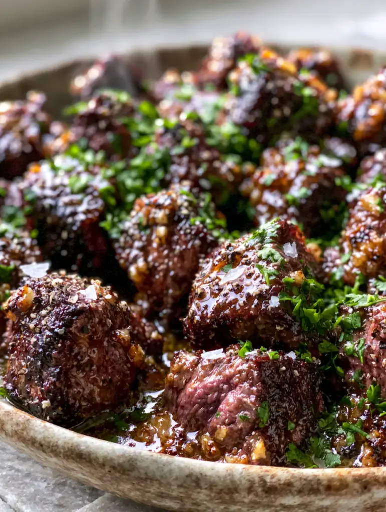 Steak Dinner Ideas: The Ultimate Glistening Garlic Butter Steak Bites 1 Close-up of golden garlic butter sauce coating steak bites with visible parsley and sea salt flakes.