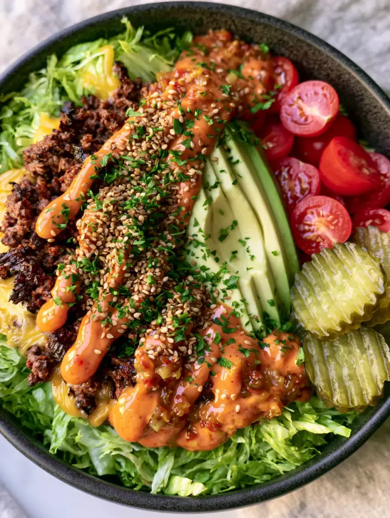 Burger Bowl Recipe: The Ultimate Loaded Keto Cheeseburger Salad 1 Close-up of a Burger Bowl Recipe showing crinkle-cut pickles and creamy avocado slices. (Burger Bowl Recipe)