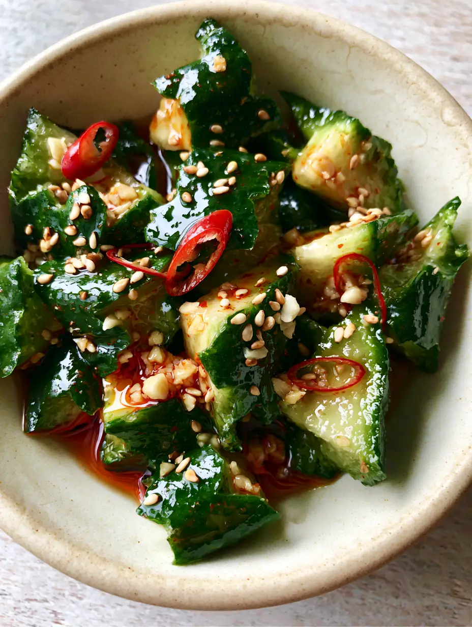 Cucumber Salad Recipe: Spicy Smashed Persian Cucumbers with Chili Oil 4 Macro shot of smashed Persian cucumbers with jagged edges coated in red chili oil and white sesame seeds. (Cucumber Salad Recipe)