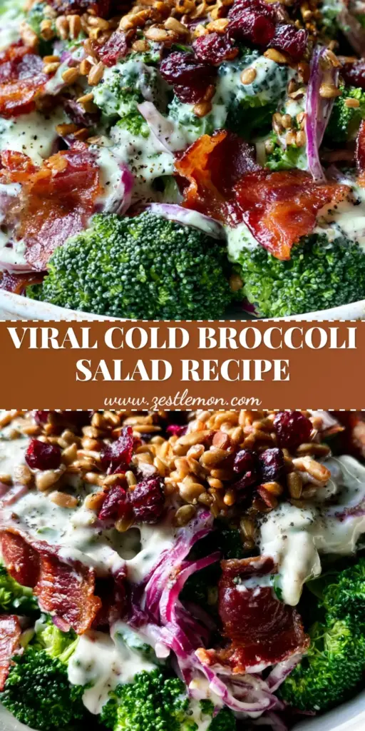 Cold Broccoli Salad With Crispy Smoked Bacon And Creamy Dressing 4 A rustic white bowl filled with vibrant cold broccoli salad featuring emerald florets, crispy bacon, and burgundy cranberries on a light oak table.